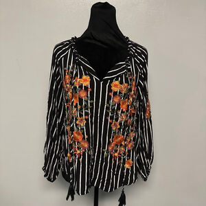 Savanna Jane size Small Black & Orange Striped Floral Embroidered peasant Blouse
